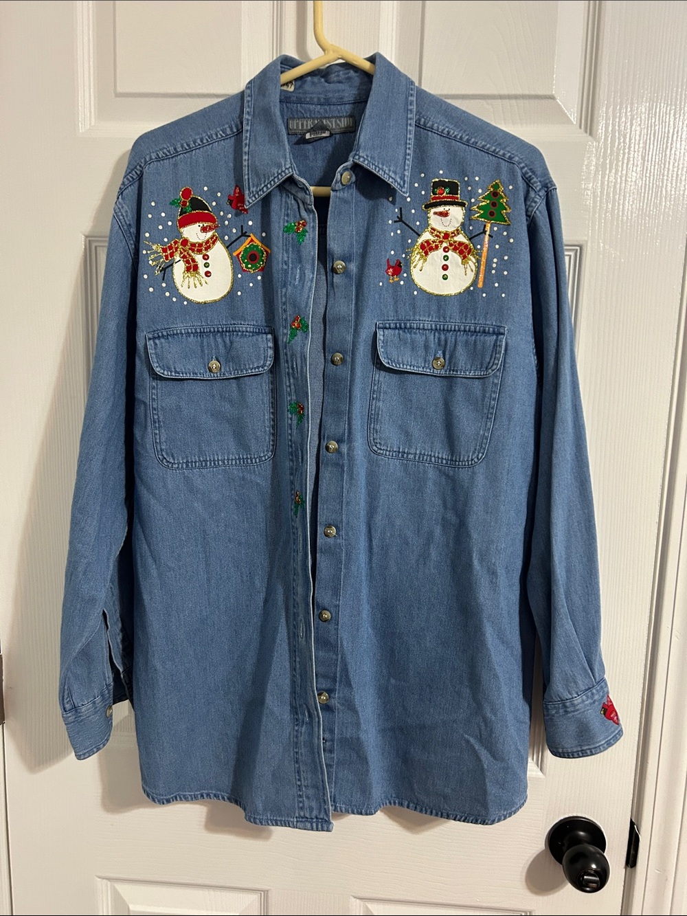 Blue Denim Button-Front Shirt with Festive Snowman Embroidery
